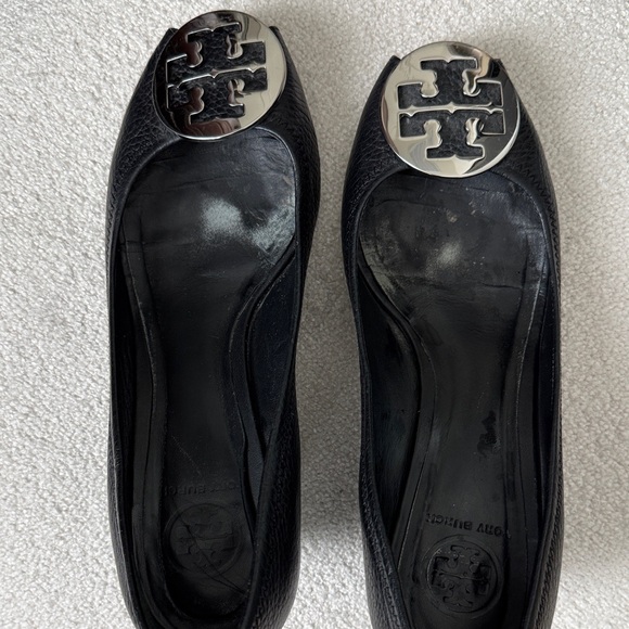 Tory Burch Shoes - Tory Burch Sally Peep Toe Wedge Black with Silver Logo